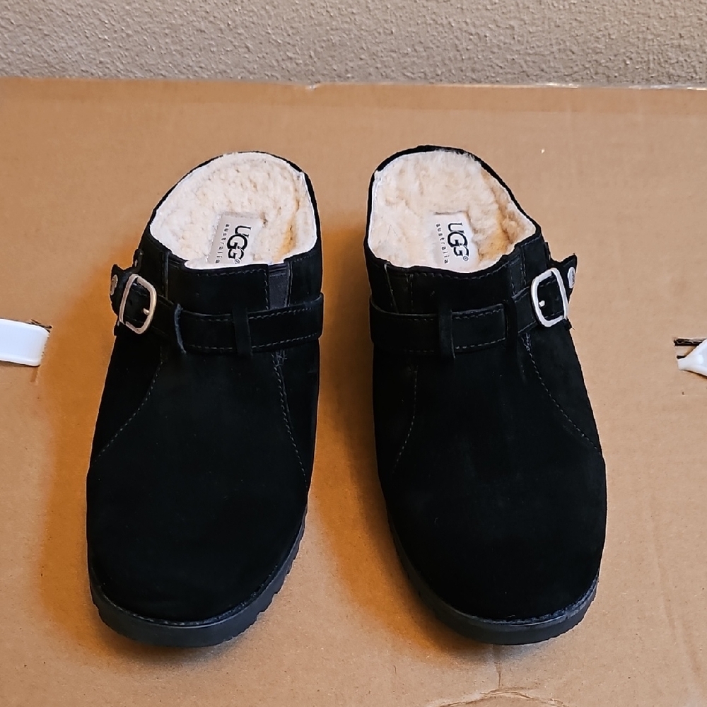 UGG Black Suede Buckle Clogs